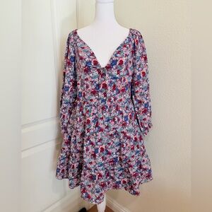 Madewell Floral Tiered Midi Dress in Burgundy, Blue & Pink